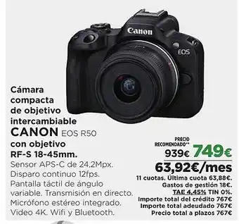 El Corte Inglés CANON Cámara compacta de objetivo intercambiable EOS R50 con objetivo RF-S 18-45mm. oferta