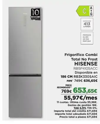 El Corte Inglés HISENSE Frigorífico Combi Total No Frost oferta