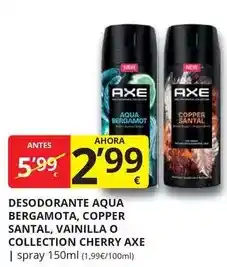 Supermercados MAS Axe - desodorante aqua bergamota, copper santal vainilla o collection cherry oferta