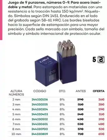 Ferri Juego de 9 punzones, números 0-9 oferta
