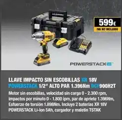 Ferri Dewalt - llave impacto sin escobillas xr 18v powerstack 1/2 alto par 1.396nm oferta