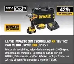 Ferri Dewalt - llave impacto sin escobillas xr 18v 1/2 par medio 812nm oferta