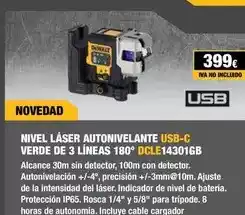 Ferri Nivel láser autonivelante usb-c verde de 3 lineas 180° dcle14301gb oferta
