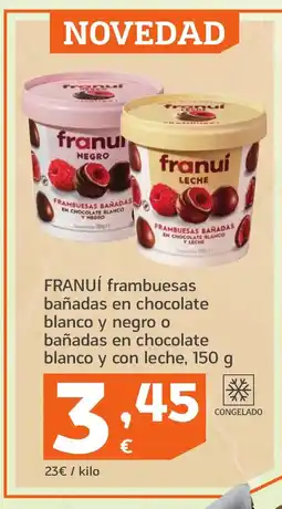 HiperDino FRANUÍ frambuesas bañadas en chocolate blanco y negro o bañadas en chocolate blanco y con leche oferta
