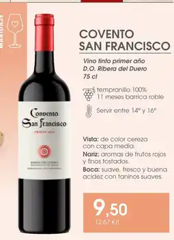 Supermercados Plaza COVENTO SAN FRANCISCO Vino tinto primer año D.O. Ribera del Duero oferta