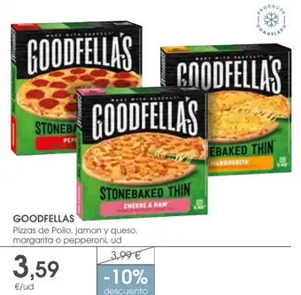 Supermercados Plaza GOODFELLAS Pizzas de Pollo, jamon y queso, margarita o pepperoni oferta