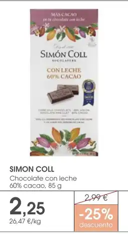 Supermercados Plaza SIMÓN COLL Chocolate con leche 60% cacao oferta