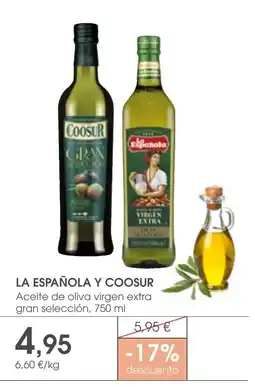 Supermercados Plaza LA ESPAÑOLA Y COOSUR Aceite de oliva virgen extra gran selección oferta