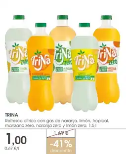 Supermercados Plaza TRINA Refresco cítrico con gas de naranja, limón, tropical, manzana zero, naranja zero y limón zero oferta