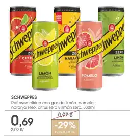 Supermercados Plaza SCHWEPPES Refresco cítrico con gas de limón, pomelo, naranja zero, citrus zero y limón zero oferta