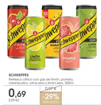 Supermercados Plaza SCHWEPPES Refresco cítrico con gas de limón, pomelo, naranja zero, citrus zero y limón zero oferta