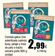 FROIZ One - comida gatos esterilizado salmon, buey, pelaje y bola de pelo o tracto urinario pollo oferta
