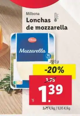 Lidl Milbona Lonchas de mozzarella oferta