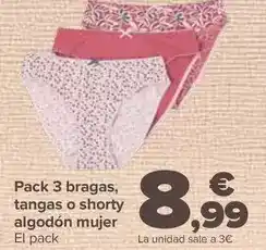 Carrefour Pack 3 bragas tangas o shorty algodón mujer oferta