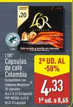 ALDI L'or - capsulas de cafe colombia oferta
