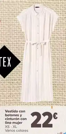 Carrefour Tex - vestido con botones y cinturón con lino mujer oferta