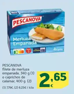HiperDino PESCANOVA filete de merluza empanada o caprichos de calamar oferta