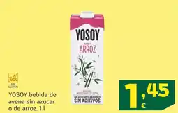 HiperDino YOSOY bebida de avena sin azúcar o de arroz oferta