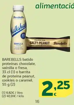 HiperDino BAREBELLS batido proteínas chocolate, vainilla o fresa o barrita de proteína peanut, cookies o caramel oferta