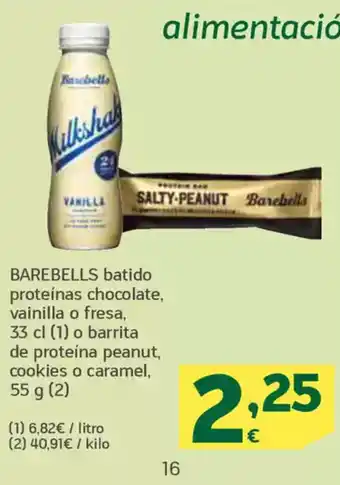 HiperDino BAREBELLS batido proteínas chocolate, vainilla o fresa o barrita de proteína peanut, cookies o caramel oferta