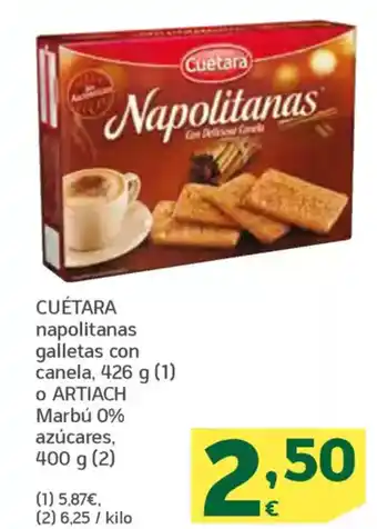 HiperDino CUÉTARA napolitanas galletas con canela o ARTIACH Marbú 0% azúcares oferta