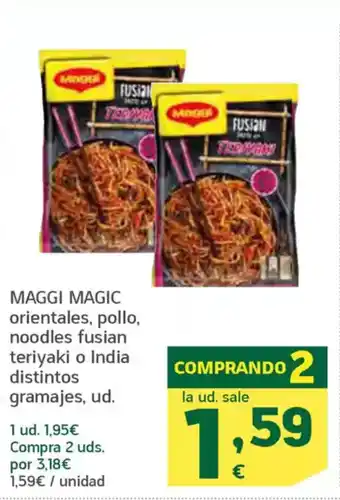 HiperDino MAGGI MAGIC orientales, pollo, noodles fusian teriyaki o India distintos gramajes, ud. oferta