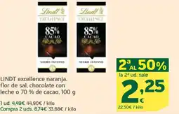 HiperDino LINDT excellence naranja, flor de sal, chocolate con leche o 70% de cacao oferta