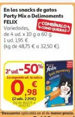 Alcampo FELIX En los snacks de gatos Party Mix o Delimoments oferta