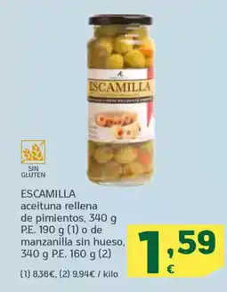 HiperDino ESCAMILLA aceituna rellena de pimientos o de manzanilla sin hueso oferta