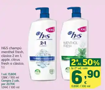 HiperDino H&S champú menthol fresh, clásico 2 en 1, apple, citrus fresh o clásico oferta