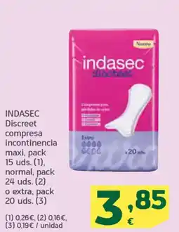 HiperDino INDASEC Discreet compresa incontinencia maxi, pack 15 uds. (1), normal, pack 24 uds. o extra, oferta