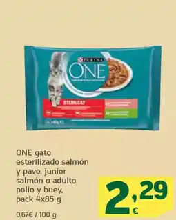 HiperDino ONE gato esterilizado salmón y pavo, junior salmón o adulto pollo y buey, oferta