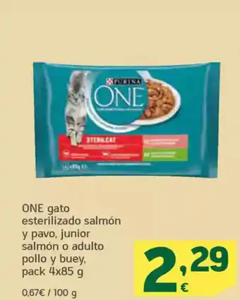 HiperDino ONE gato esterilizado salmón y pavo, junior salmón o adulto pollo y buey, oferta
