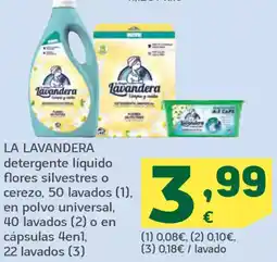 HiperDino LA LAVANDERA detergente líquido flores silvestres o cerezo, 50 lavados en polvo universal, 40 lavados o en cápsulas 4en oferta