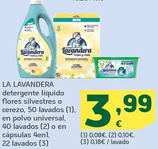 HiperDino LA LAVANDERA detergente líquido flores silvestres o cerezo, 50 lavados en polvo universal, 40 lavados o en cápsulas 4en oferta