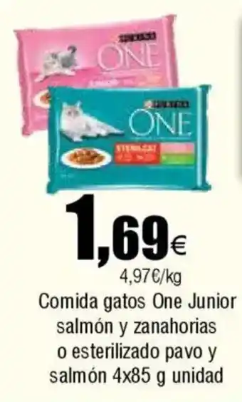 FROIZ PURINA ONE Comida gatos Junior salmón y zanahorias o esterilizado pavo y salmón oferta