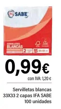 Cash Ifa IFA SABE Servilletas blancas 33X33 2 capas 100 unidades oferta