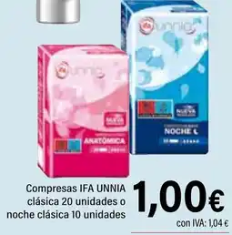 Cash Ifa IFA UNNIA Compresas clásica 20 unidades o noche clásica 10 unidades oferta