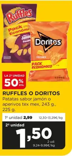 Alimerka RUFFLES O DORITOS Patatas sabor jamón o aperivos tex mex oferta