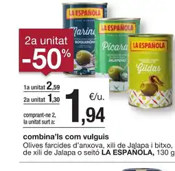 BonpreuEsclat LA ESPAÑOLA Olives farcides d'anxova, xili de Jalapa i bitxo, de xili de Jalapa o seitó oferta