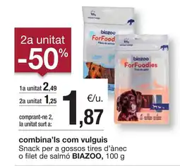 BonpreuEsclat BIAZOO Snack per a gossos tires d'ànec o filet de salmó oferta