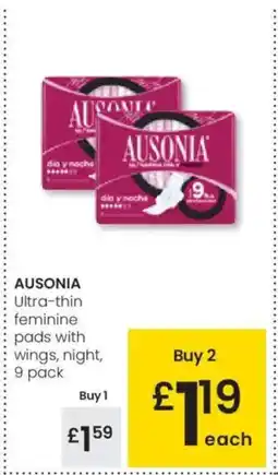 Eroski AUSONIA Ultra-thin feminine pads with wings, night, 9 pack oferta
