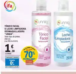 E.Leclerc UNNIA Tónico facial o leche limpiadora desmaquilladora oferta