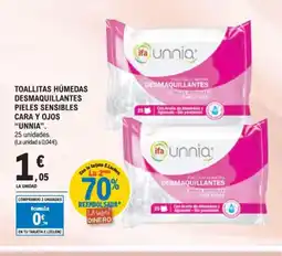 E.Leclerc UNNIA Toallitas húmedas desmaquillantes pieles sensibles cara y ojos oferta