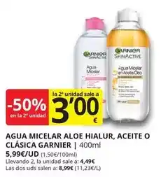 Supermercados MAS Garnier - agua micelar aloe hialur, aceite o clásica oferta