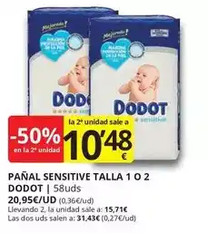 Supermercados MAS Dodot - panal sensitive talla 1 o 2 oferta