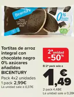 Carrefour BICENTURY Tortitas de arroz integral con chocolate negro 0% azúcares añadidos oferta