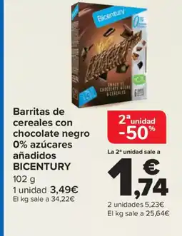 Carrefour BICENTURY Barritas de cereales con chocolate negro 0% azúcares añadidos oferta