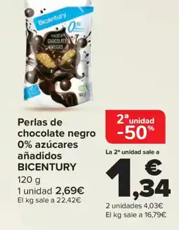 Carrefour BICENTURY Perlas de chocolate negro 0% azúcares añadidos oferta