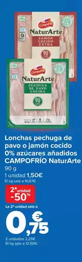 Carrefour CAMPOFRÍO Lonchas pechuga de pavo o jamón cocido 0% azúcares añadidos oferta